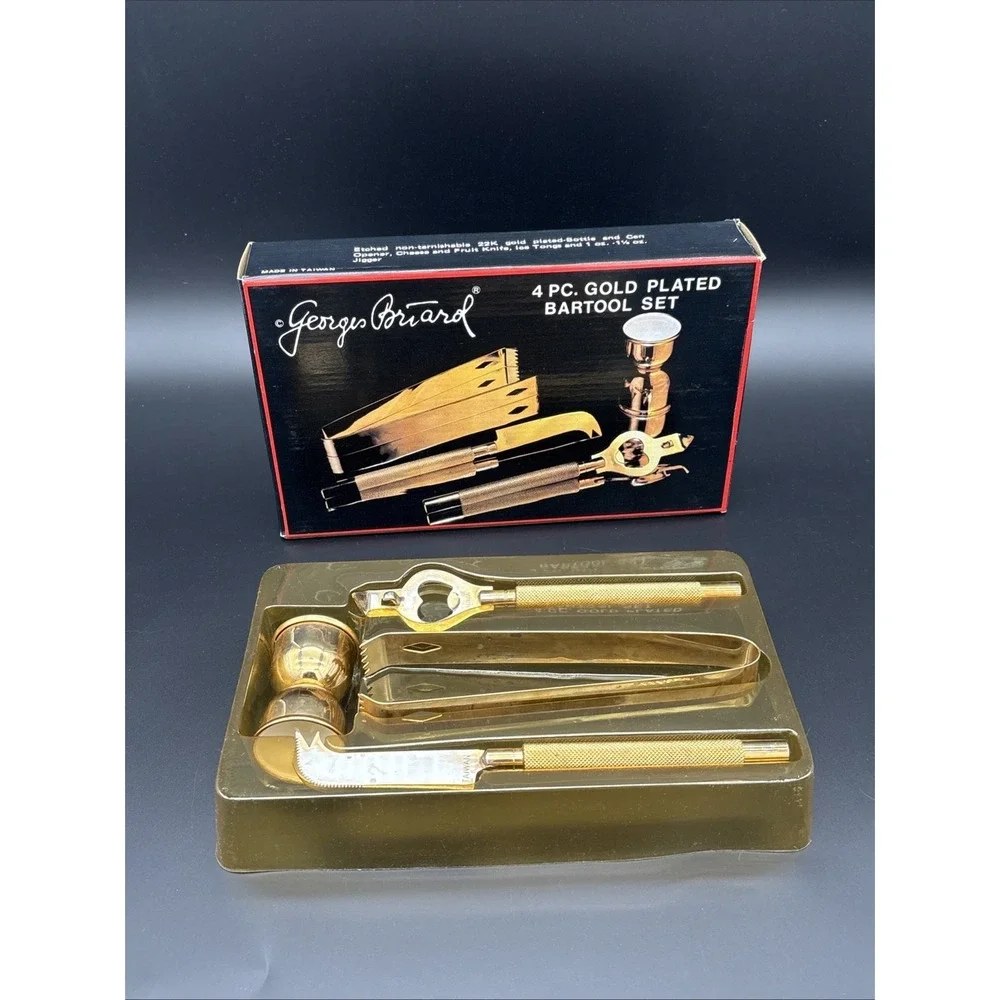 Mid Century Georges Briard 4-Piece 22K Gold Plated Bar Tool Set in Original Box